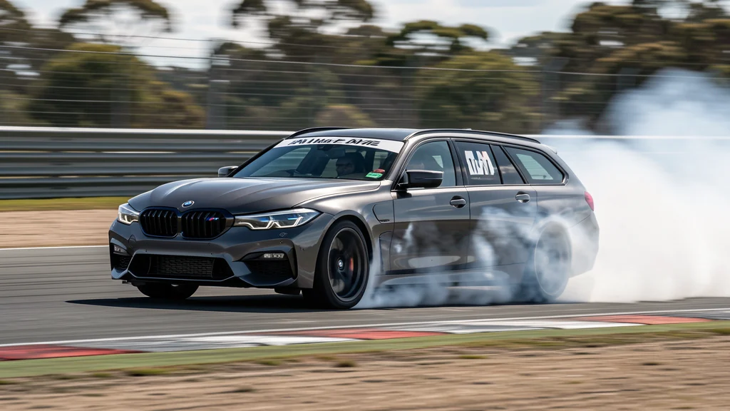 BMW G81 M3 Touring drifting on an Australian circuit