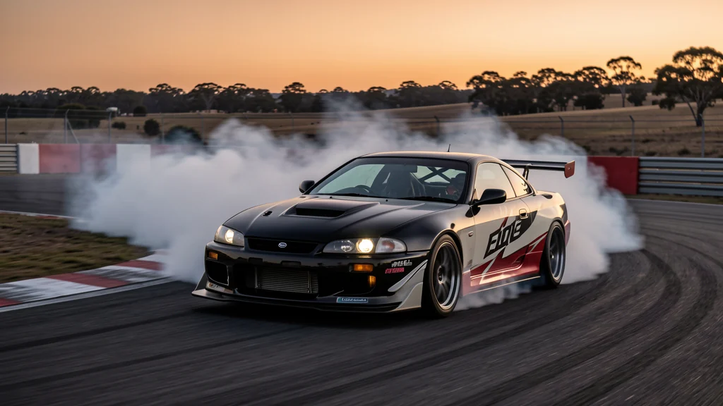 Nissan S15 drift car crossing an Australian circuit in tyre smoke